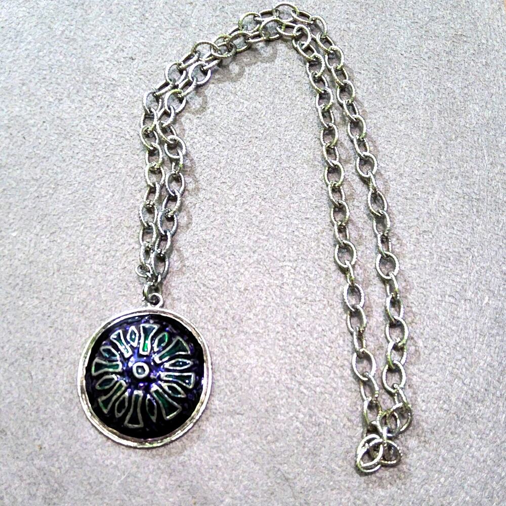 Women's Silver Chain With Blue And Green Enamel Medallion Pendant Necklace 30"